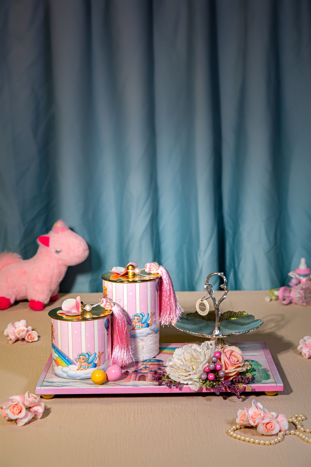 Baby announcement hamper with fairy tins