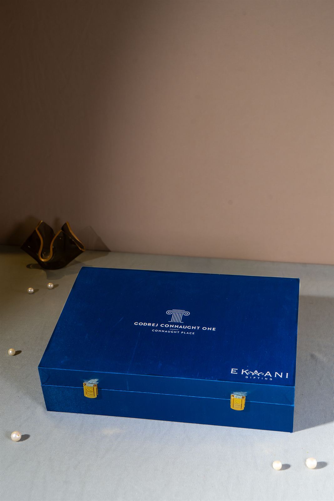 Royal blue monogrammed velvet corporate gift trunk